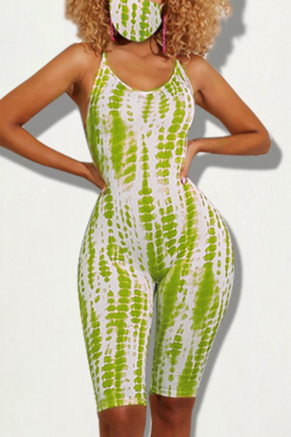 Green Sexy Print Patchwork Spaghetti Strap Skinny Rompers