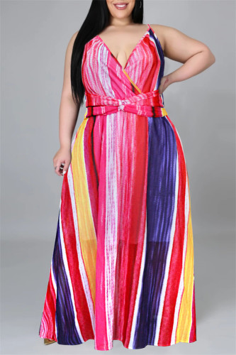 ローズレッドファッションカジュアルプリントバックレスVネックスリングドレス