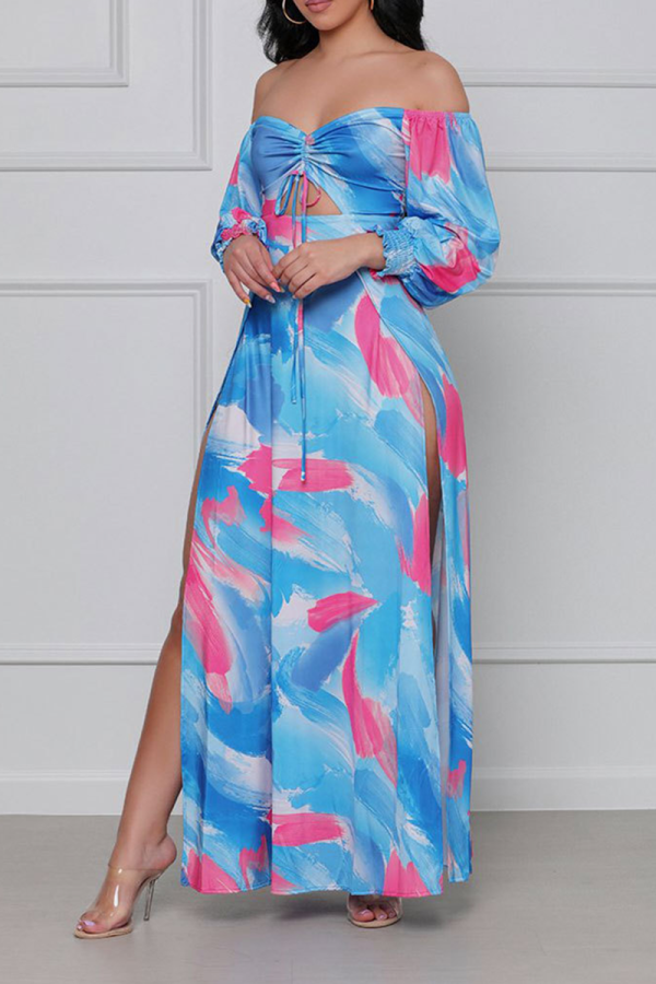Lichtblauwe sexy print patchwork off-shoulder rechte jurken