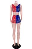 Red Blue Fashion Casual Flag Star Print Vests U Neck Sleeveless Two Pieces Shorts Set