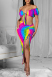 Цветной модный сексуальный принт с открытой спиной и ремешком с открытыми плечами с коротким рукавом из двух частей