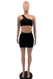 Black Fashion Sexy Solid Hollowed Out Backless One Shoulder Sleeveless Two Pieces