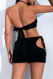 Черная мода сексуальная сплошная выдолбленная спинка с ремешком без рукавов из двух частей
