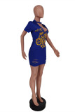 Синее модное сексуальное однотонное рваное платье с круглым вырезом и коротким рукавом