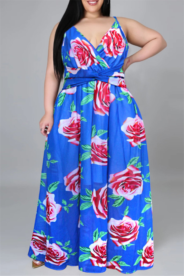 Rot Blau Fashion Casual Print Backless Sling Dress mit V-Ausschnitt