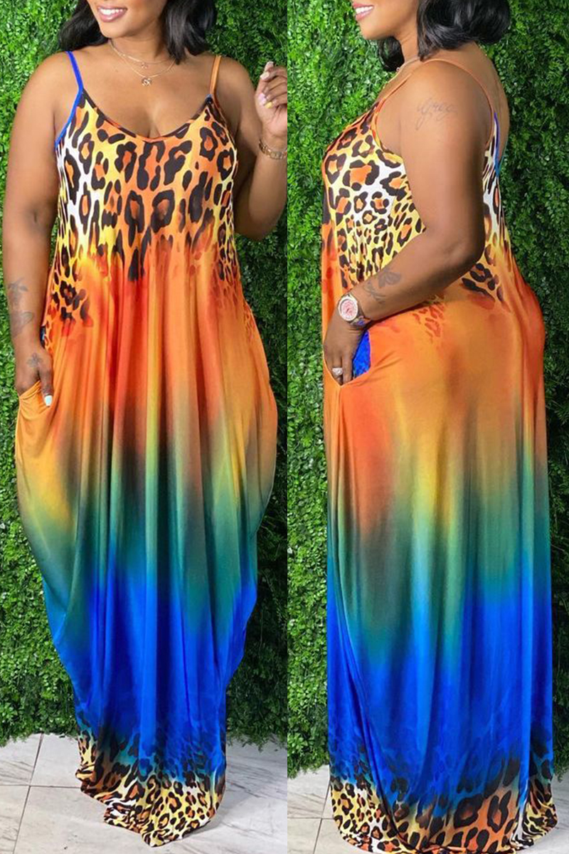 

Orange Sexy Casual Plus Size Print Backless Spaghetti Strap Sleeveless Dress