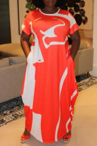 Tangerine Red Модное повседневное платье больших размеров с принтом и круглым вырезом с коротким рукавом