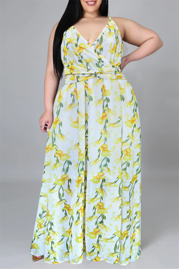Weiß Gelb Fashion Casual Print Backless Sling Dress mit V-Ausschnitt