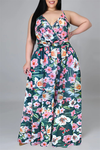 Schwarz-Rosa-Art- und Weisebeiläufiges Druck-rückenfreies Sling-Kleid mit V-Ausschnitt