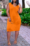 Orange Fashion Casual Solid Pocket V Neck Vest Dress