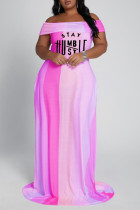 Фиолетовое модное повседневное платье больших размеров с буквенным принтом и открытой спиной с открытыми плечами и коротким рукавом