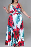 Gul Blå Mode Casual Print Backless V-hals Sling Dress