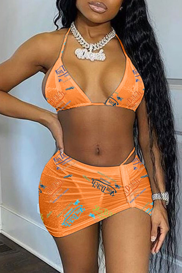 Oranje Sexy Letter Print Backless Halter Mouwloze Tweedelige Badmode
