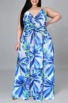 Lichtblauwe mode casual print backless v-hals sling jurk