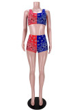Red Blue Fashion Casual Flag Star Print Vests U Neck Sleeveless Two Pieces Shorts Set