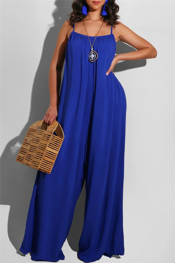 Blauwe sexy casual effen rugloze spaghettibandjes Regular jumpsuits