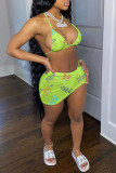 Fluorescent Green Sexy Letter Print Backless Halter Sleeveless Two Pieces Swimwear