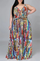 Многоцветное модное повседневное платье с открытой спиной и V-образным вырезом с принтом