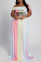Vestido multicolorido moda casual plus size estampa carta sem costas fora do ombro vestido manga curta