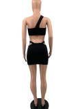 Black Fashion Sexy Solid Hollowed Out Backless One Shoulder Sleeveless Two Pieces