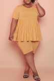 Jaune Fashion Casual Solid Basic O Neck Plus Size Two Pieces