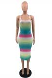 Rainbow Color Mode Sexig Print Backless Spaghetti Strap Ärmlös klänning