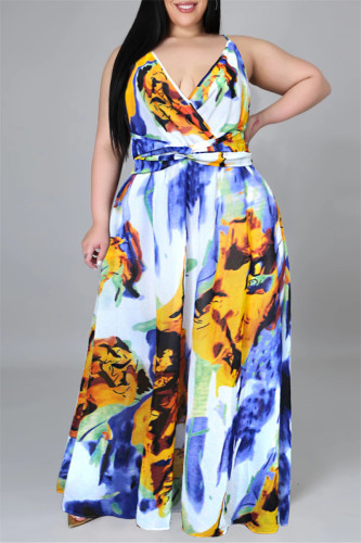 Gelb Blau Fashion Casual Print Backless Sling Dress mit V-Ausschnitt