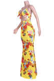 Gelbe, sexy, solide Patchwork-Kleider im Trompeten-Stil mit Spaghettiträgern und Meerjungfrau
