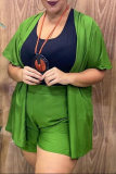 Green Casual Solid Patchwork Halter Plus Size Two Pieces