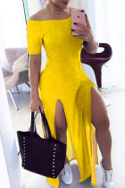 Vestido de manga corta con hombros descubiertos y abertura sólida informal amarillo sexy