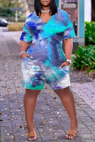Macacão azul fashion casual estampa tie dye básico com decote em V plus size