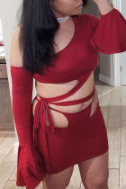 Бордовый сексуальный сплошной выдолбленный косой воротник с длинным рукавом из двух частей