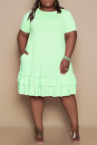 Мятно-зеленое модное повседневное однотонное платье с воланами и круглым вырезом с коротким рукавом