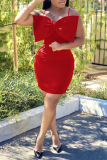 赤のセクシーなソリッドパッチワークスパゲッティストラップペンシルスカートドレス