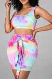 Rainbow Color Sexy Print Patchwork U Neck Sleeveless Two Pieces