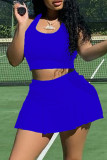 Озерно-синий Повседневная спортивная одежда Однотонный Базовый U-образный вырез Без рукавов Из двух частей