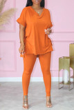 Оранжевый Модный Повседневный Однотонный Базовый V-образный вырез с коротким рукавом из двух частей