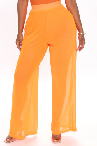 Orange Sexy Solid See-through Loose Mid Waist Wide Leg Solid Color Bottoms