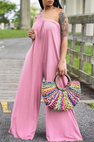 Pink Fashion Casual Solid Backless One Shoulder Regular Jumpsuits