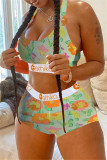 Multicolor Casual Sportswear Print Vests U Neck Sleeveless Two Pieces Bikini Suit Sleeveless Vest Tanks Shorts Set
