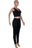 Black Casual Sportswear Solid Vests Pants Sleeveless Two Pieces