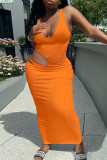 Vestido colete laranja fashion sexy sólido vazado com decote em U
