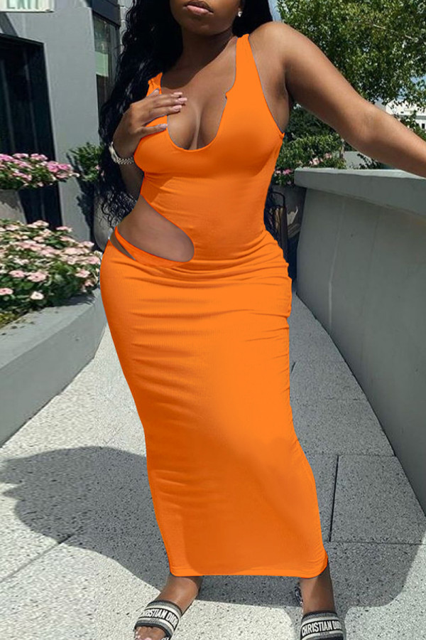 Vestito con scollo a U con scollo a U in tinta unita sexy alla moda arancione