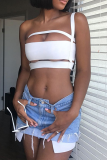 White Sexy Solid Hollowed Out Patchwork Off the Shoulder Mid Waist Tops
