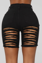 Black Casual Solid Ripped Mid Waist Skinny Denim Shorts