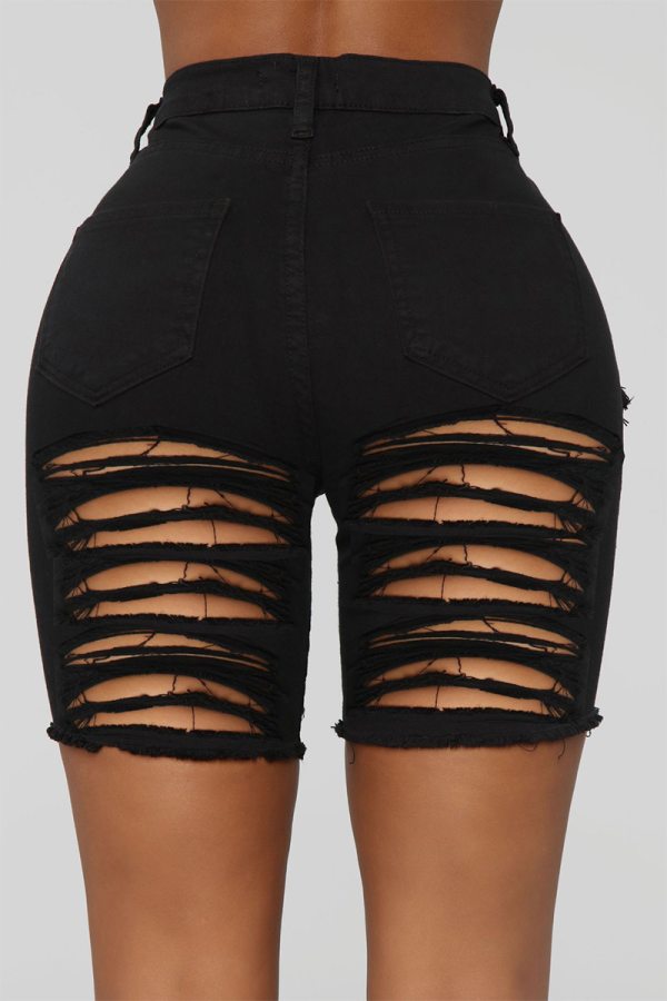 Black Casual Solid Mid Waist Skinny Ripped Denim Shorts