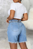 Dark Blue Fashion Casual Solid Without Belt High Waist Jeans Ripped Denim Shorts