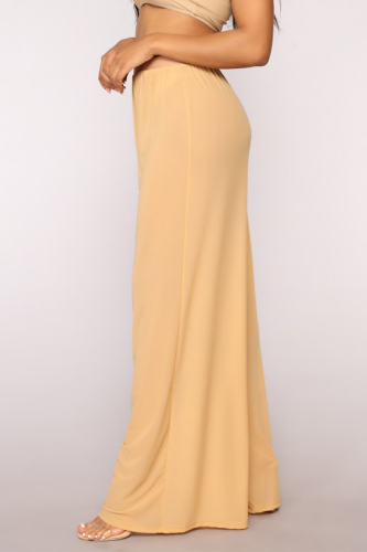 Apricot Sexy Solid See-through Loose Mid Waist Wide Leg Solid Color Bottoms