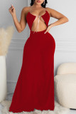 Rode mode sexy effen uitgeholde backless halter mouwloze jurk