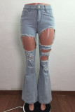 Ljusblå Mode Casual Solid Ripped High Waist Regular Jeans